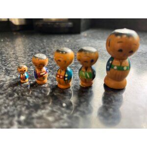 Vtg 1960's Kokeshi 5 Male Graduated 1 1/4" to 1/2" Dolls Japanese Wooden Doll